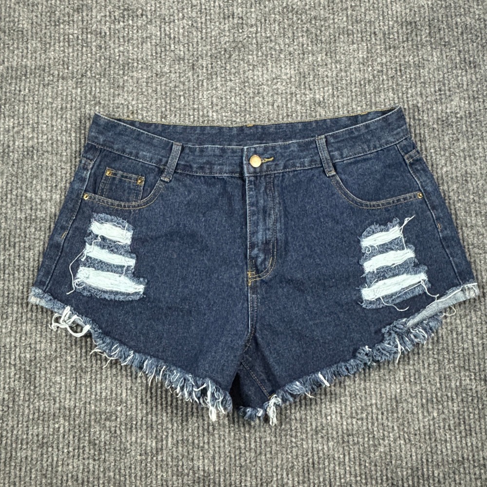 Shein Denim Shorts Women XL Blue Distressed Frayed Hem High Rise